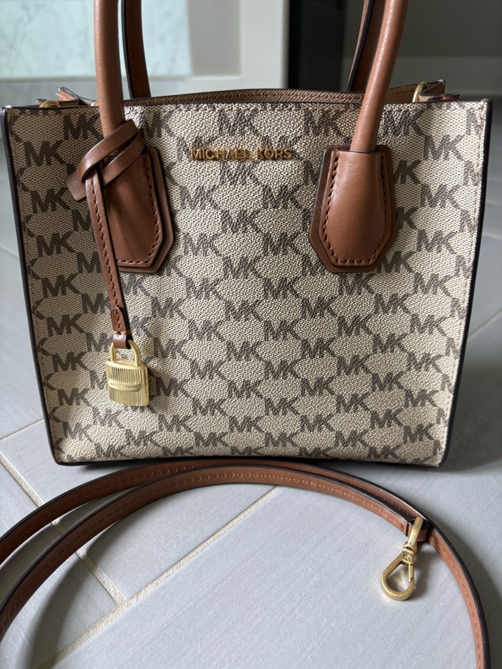 Michael Kors Medium Mercer Canvas Crossbody | Tan and Beige with Logo Print